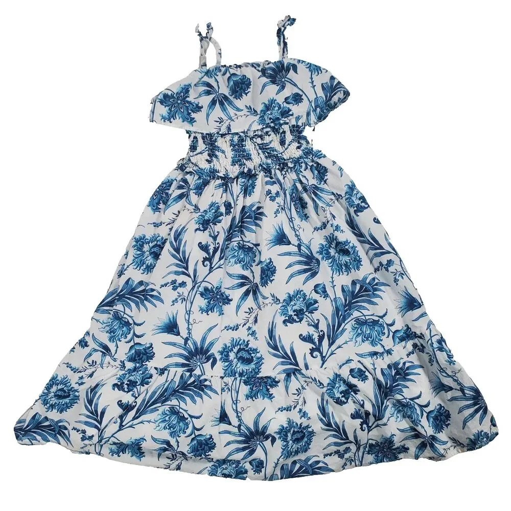 Janie and Jack Girls Dress Size 7 Blue Floral Midi Sundress Smocked Waist Cotton - Picture 4 of 11